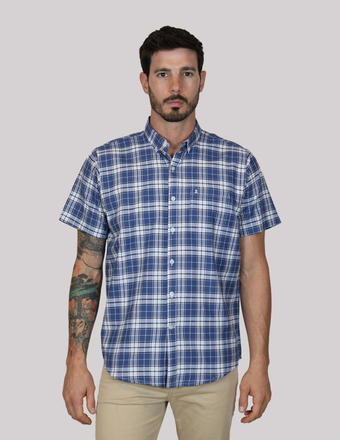 CAMISA MANGA CORTA AZUL CUADROS 100% ALGODÓN