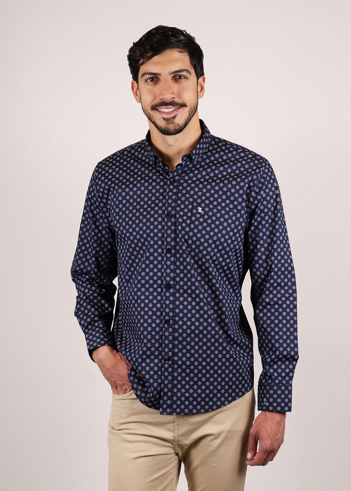 CAMISA MANGA LARGA AZUL ESTAMPADO 100% ALGODÓN  REF 2307275