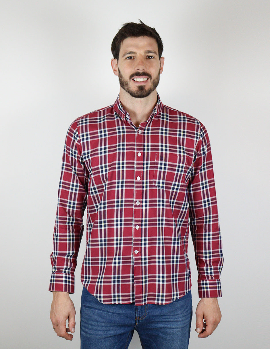 CAMISA MANGA LARGA VINO CUADROS 100% ALGODÓN  REF 2308291