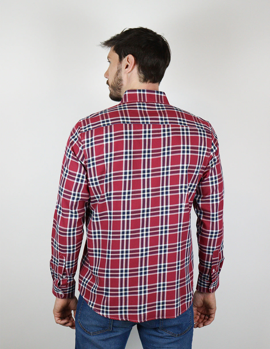 CAMISA MANGA LARGA VINO CUADROS 100% ALGODÓN  REF 2308291