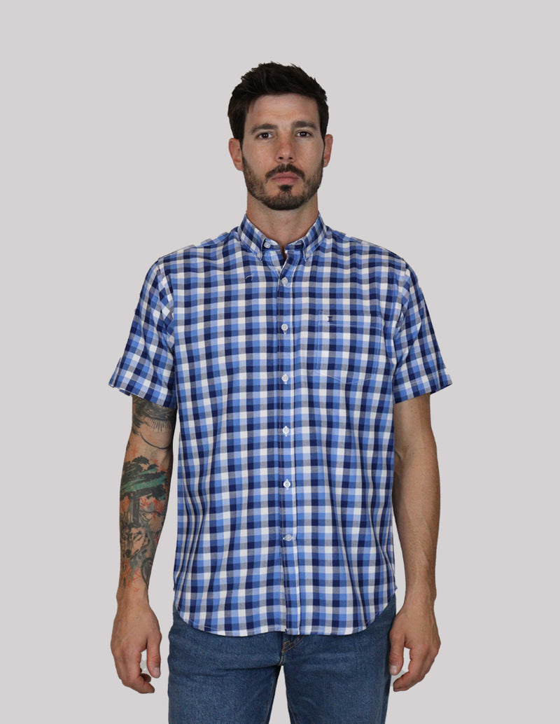 CAMISA MANGA CORTA AZUL CUADROS 100% ALGODÓN REF 2308302