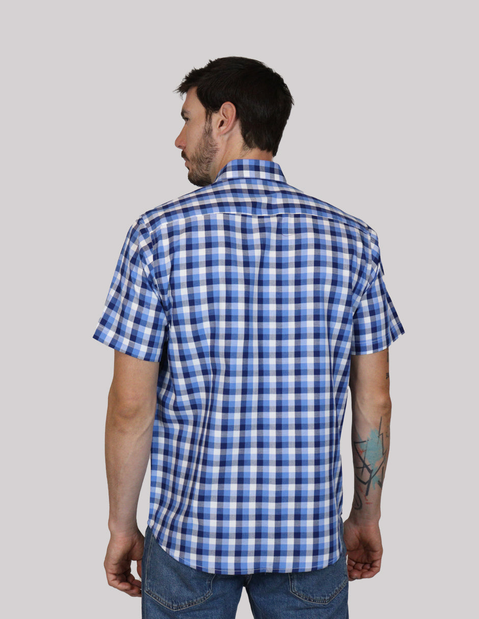 CAMISA MANGA CORTA AZUL CUADROS 100% ALGODÓN REF 2308302