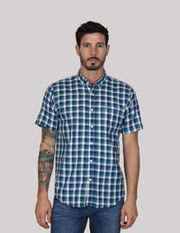 CAMISA MANGA CORTA AZUL CUADROS 100% ALGODÓN  REF 2308303