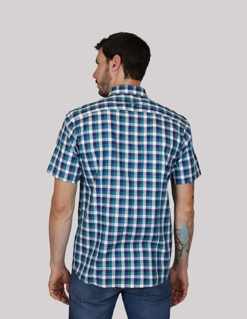 CAMISA MANGA CORTA AZUL CUADROS 100% ALGODÓN  REF 2308303