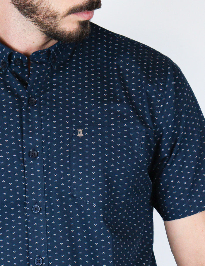 CAMISA MANGA CORTA AZUL ESTAMPADO 100% ALGODÓN