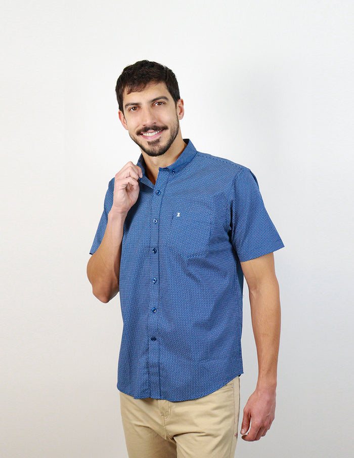 Camisa Manga Corta 100% Algodón Azul con Estampado