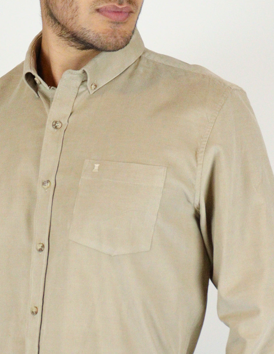 Camisa de Pana Lisa Caqui con Manga Larga 100% Algodón Talla Extra 2309428