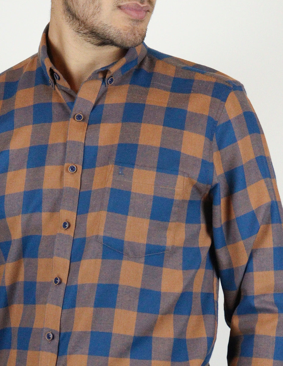 Camisa de Franela de Cuadros Naranja con Manga Larga Talla Extra 2309449