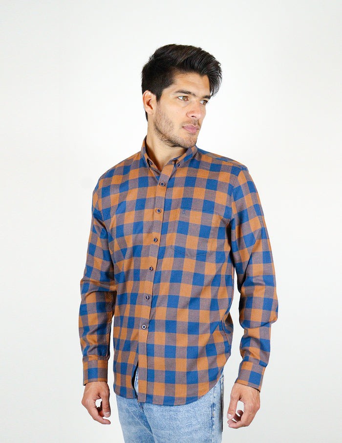 CAMISA MANGA LARGA NARANJA CUADROS FRANELA REF 2309449