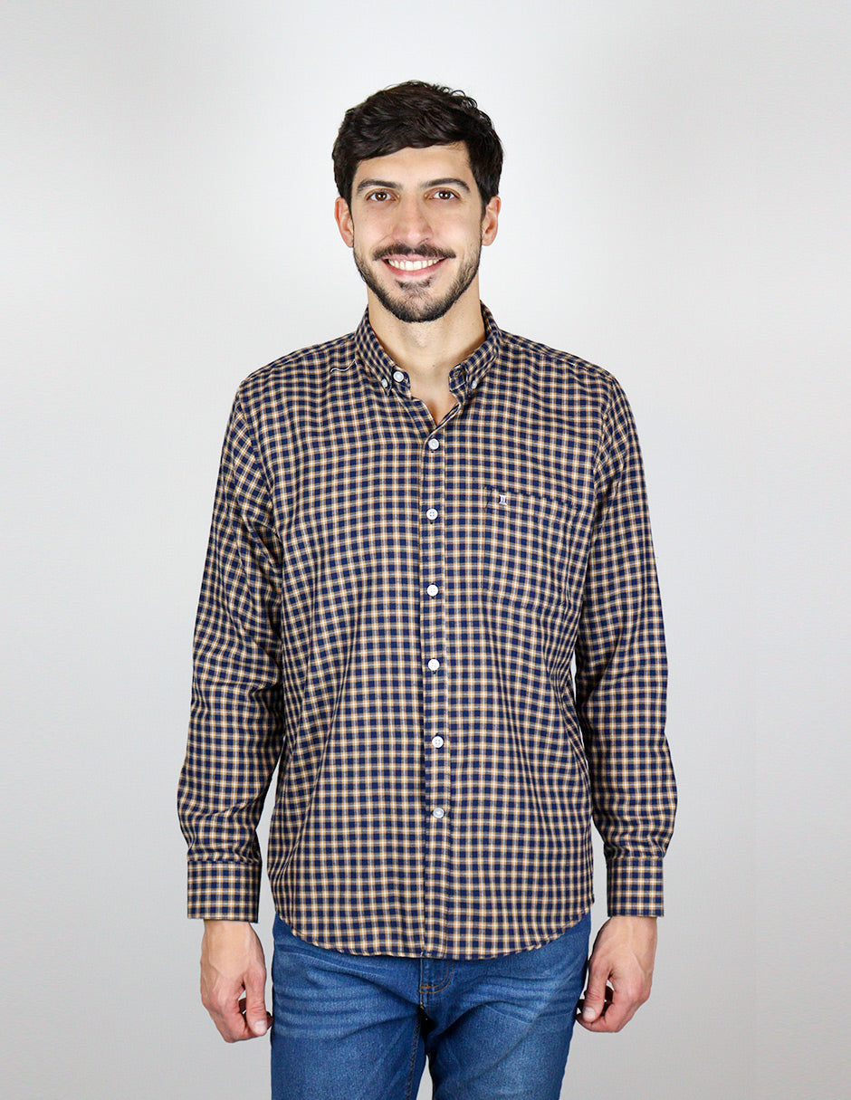 CAMISA MANGA LARGA CAFE CUADROS FRANELA  REF 2309451