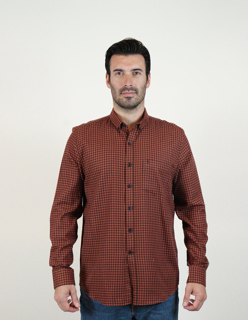 CAMISA MANGA LARGA CAFE CUADROS FRANELA  REF 2309452