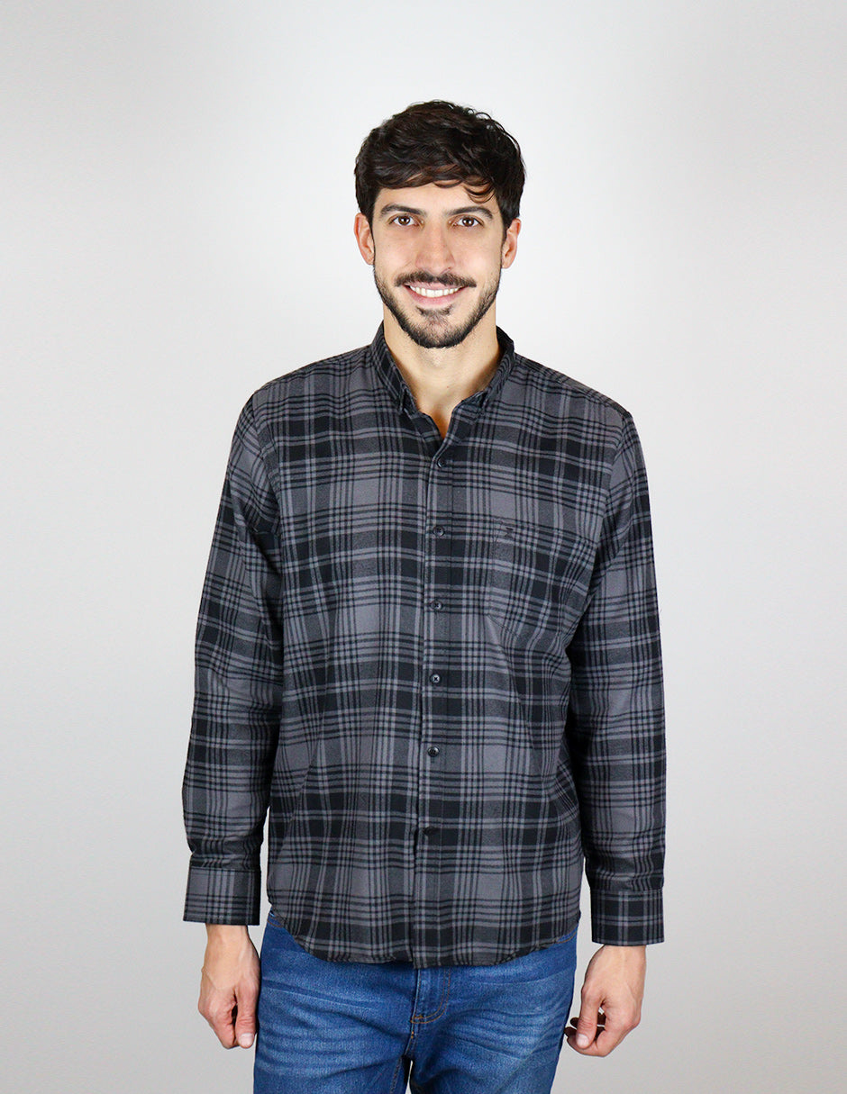 CAMISA MANGA LARGA GRIS CUADROS FRANELA REF 2309456