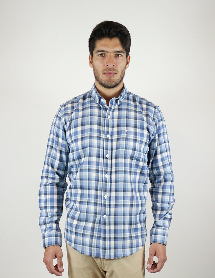 CAMISA MANGA LARGA AZUL CUADROS FRANELA  REF 2309459