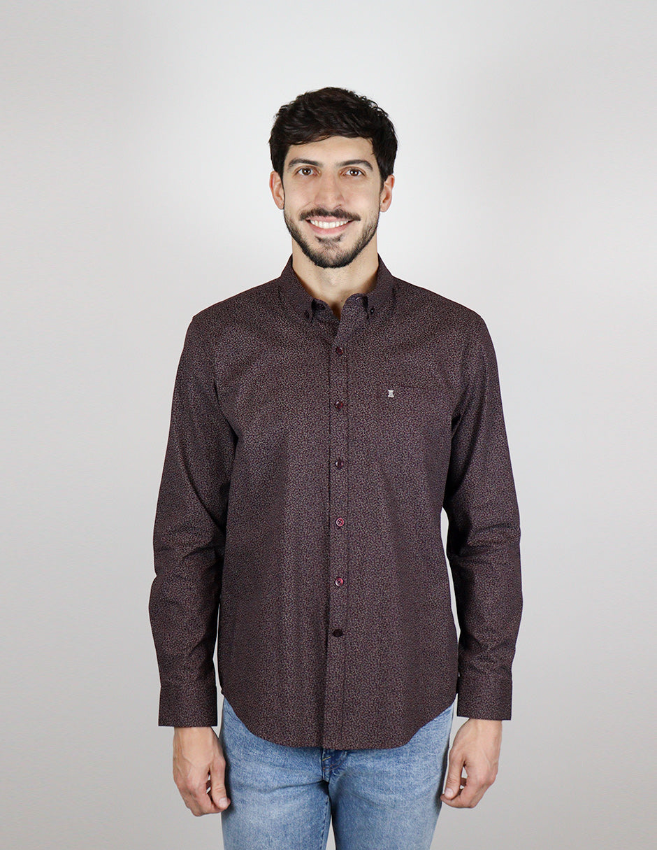 Camisa Estampada Café de Manga Larga 100% Algodón 2310472