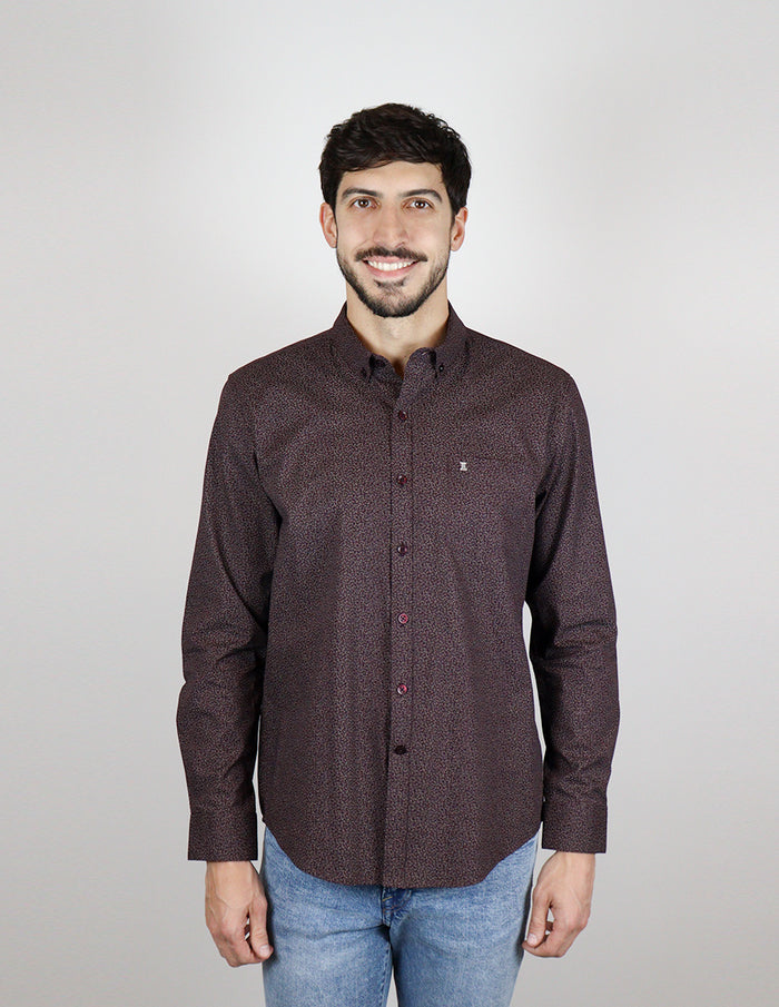 Camisa Estampada Café de Manga Larga 100% Algodón 2310472