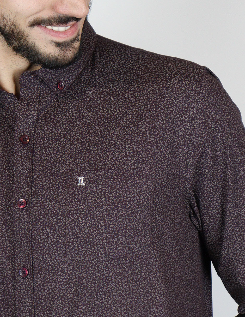 Camisa Estampada Café de Manga Larga 100% Algodón 2310472