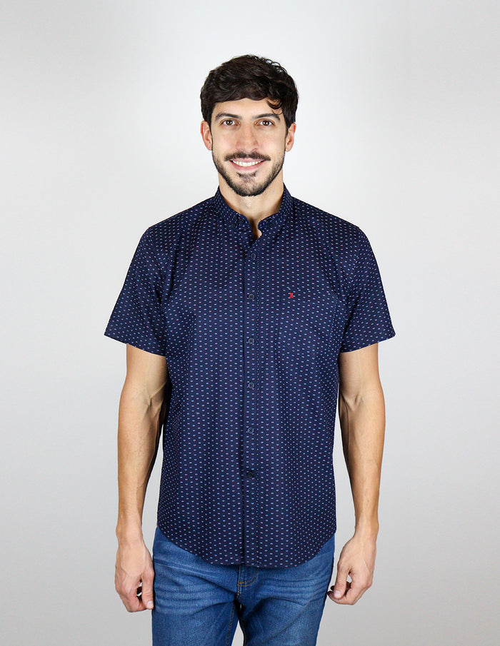 CAMISA MANGA CORTA AZUL ESTAMPADO 100% ALGODÓN