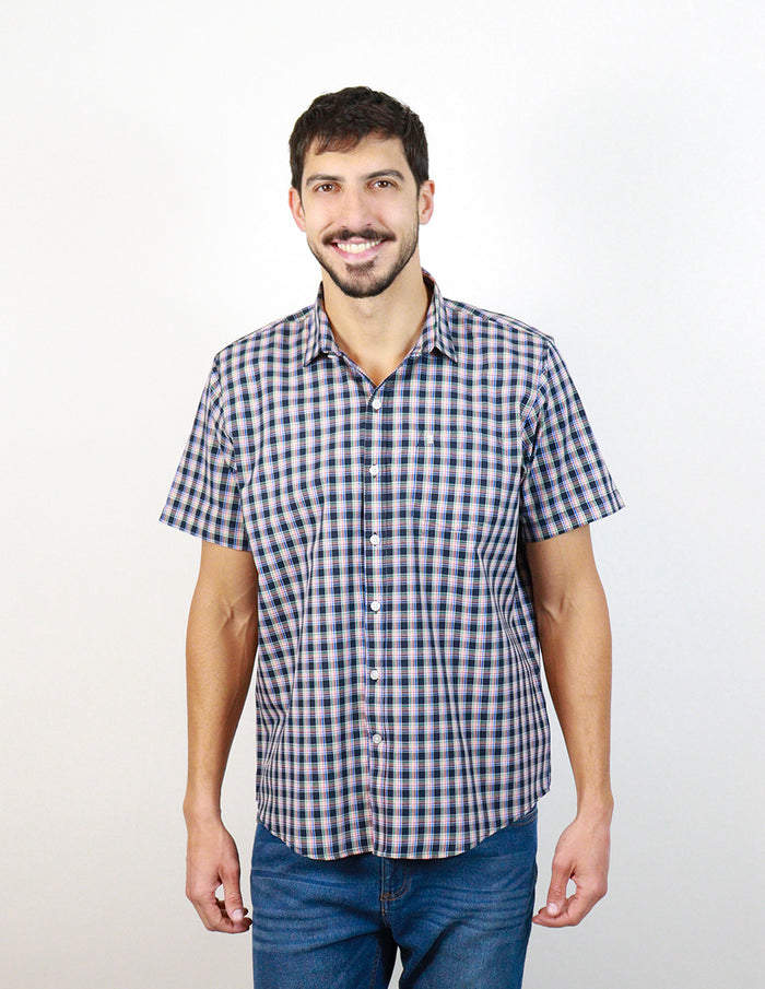 Camisa Manga Corta 100% Algodón Azul con Estilo Cuadros