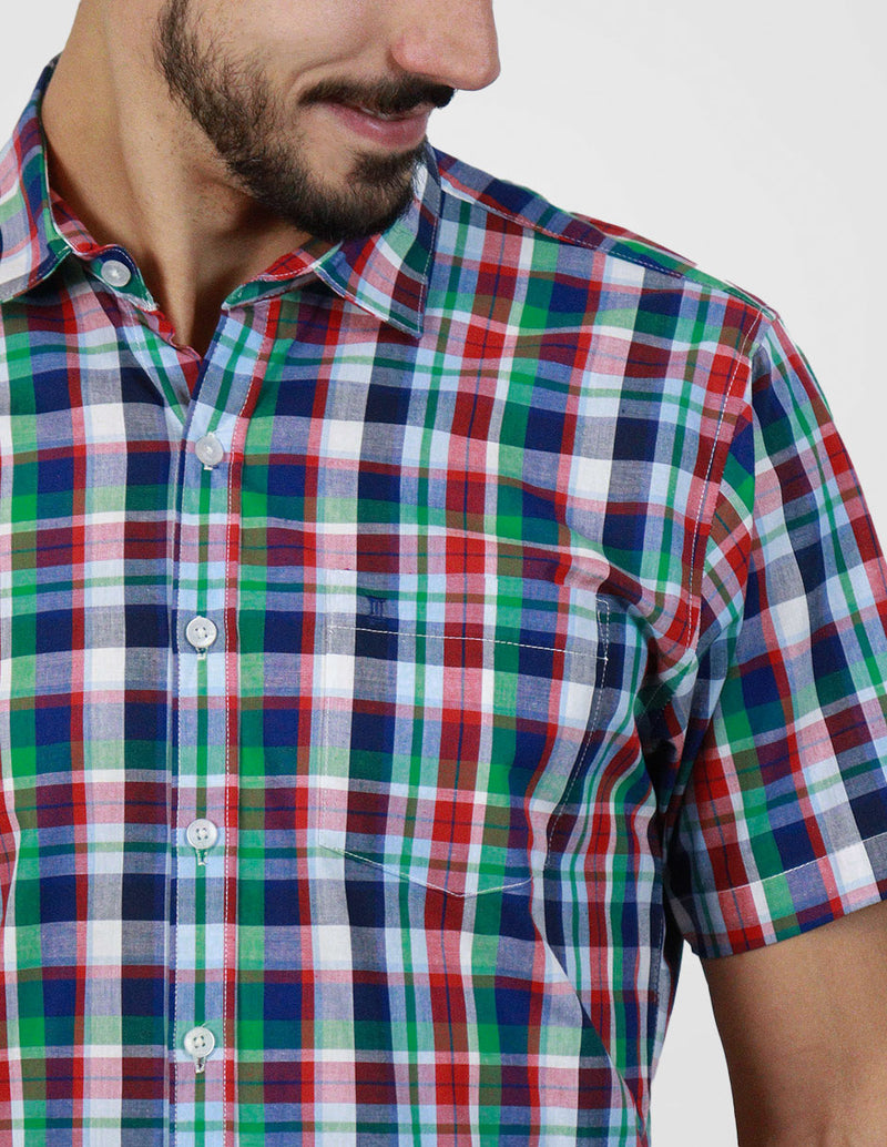 Camisa Para Caballero Casual Manga Corta Cuadros Multicolor 100% Algodón