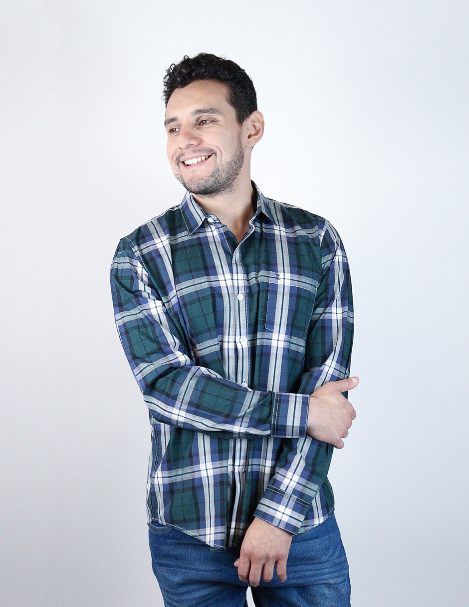 Camisa de Vestir Dioro Manga Larga Cuadros Verde