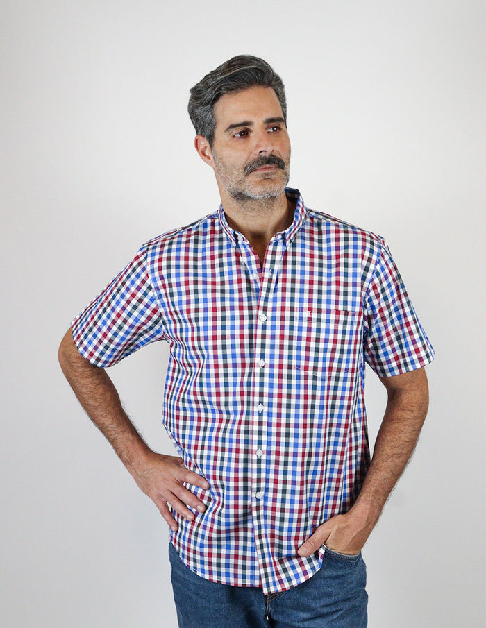 Camisa Manga Corta 100% Algodón Azul Estilo Cuadros