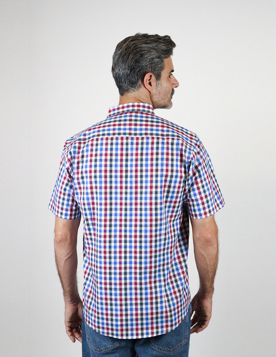 Camisa Manga Corta 100% Algodón Azul Estilo Cuadros