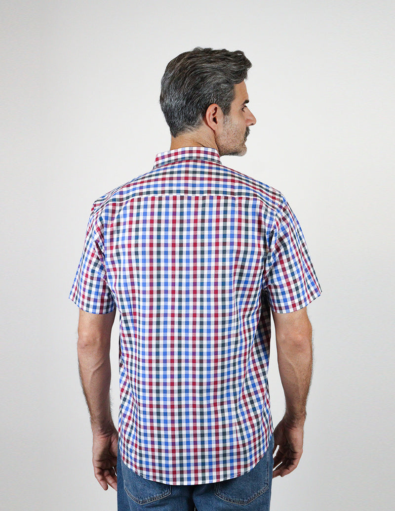 Camisa Manga Corta 100% Algodón Azul Estilo Cuadros