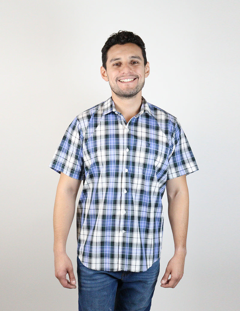 CAMISA MANGA CORTA AZUL CUADROS 100% ALGODÓN  REF 2311599