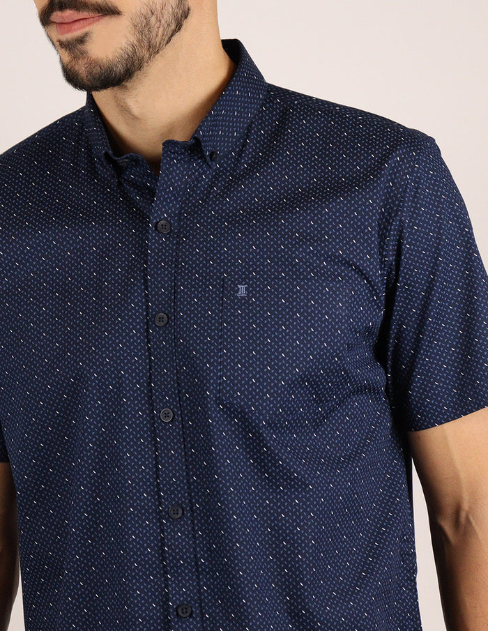 Camisa Manga Corta Azul con Estampado 100% Algodón