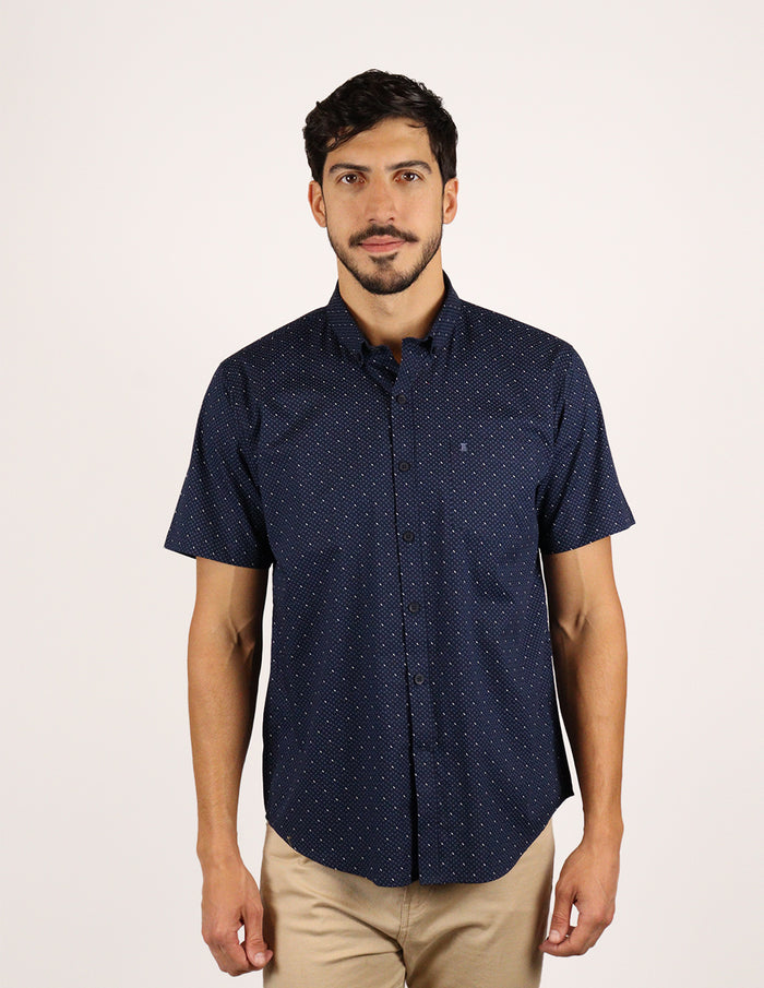 Camisa Manga Corta Azul con Estampado 100% Algodón