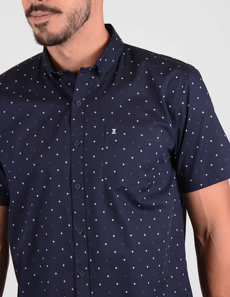 Camisa Casual Azul Manga Corta Estampado de Algodón