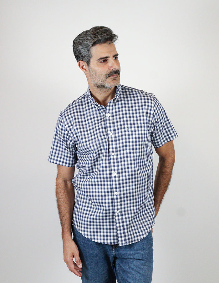 Camisa Manga Corta 100% Algodón Azul Estilo Cuadros