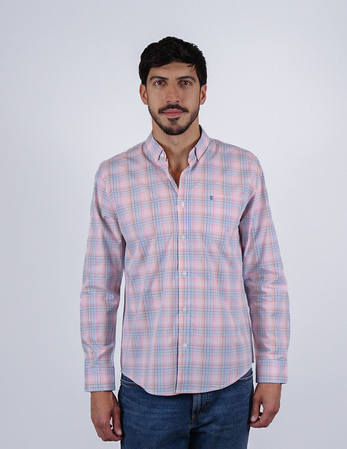 Camisa de Manga Larga Cuadros Multicolor | Marca Dioro | 100% Algodón para Hombre