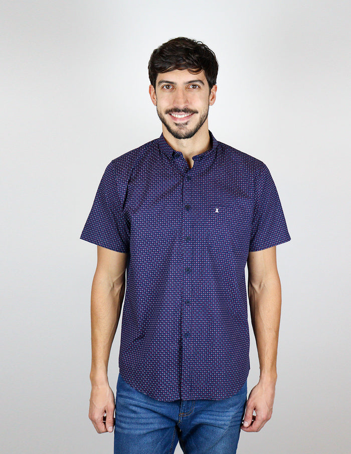 CAMISA MANGA CORTA AZUL ESTAMPADO 100% ALGODÓN