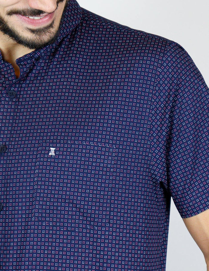 CAMISA MANGA CORTA AZUL ESTAMPADO 100% ALGODÓN