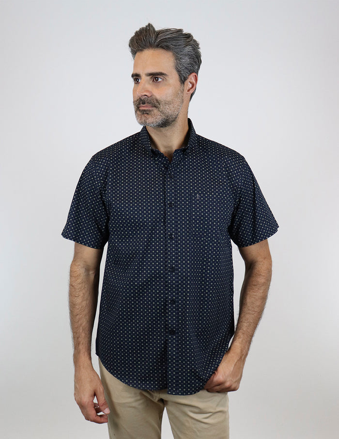 Camisa Manga Corta Estilo Estampado Azul 100% Algodón