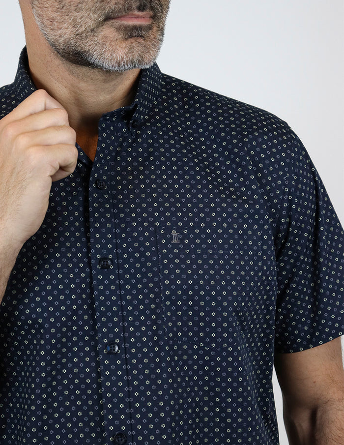 Camisa Manga Corta Estilo Estampado Azul 100% Algodón