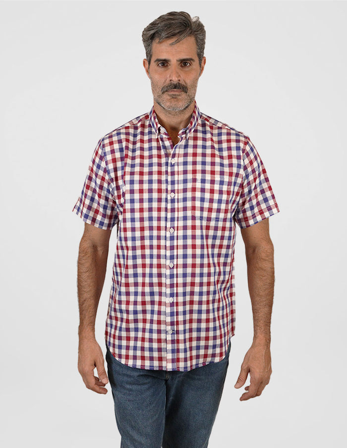 Camisa Para Caballero Manga Corta Estilo Cuadros Roja 100% Algodón