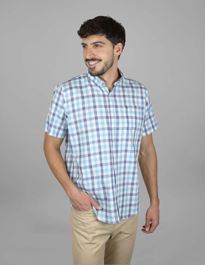 Camisa de Manga Corta para Caballero Cuadros Azules | Marca Dioro | 100% Algodón en Tallas Extras