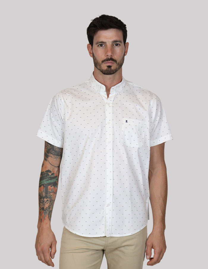 CAMISA MANGA CORTA BLANCA ESTAMPADO 100% ALGODÓN  REF 2313036