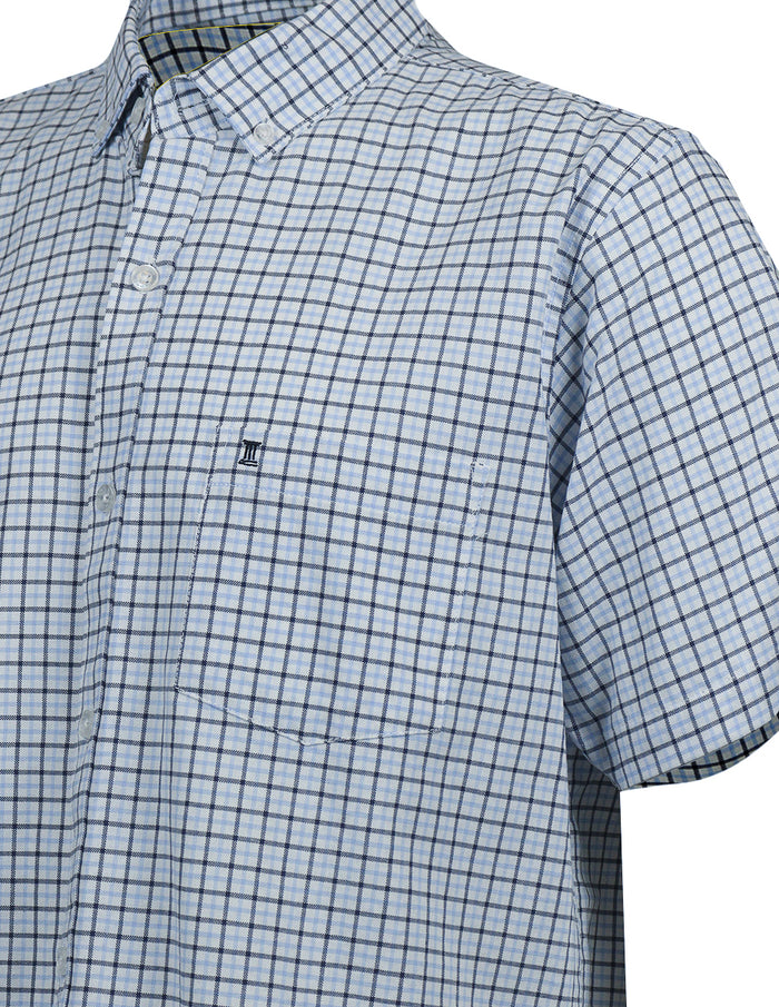 Camisa Casual Marca Dioro de Manga Corta Cuadros Azul