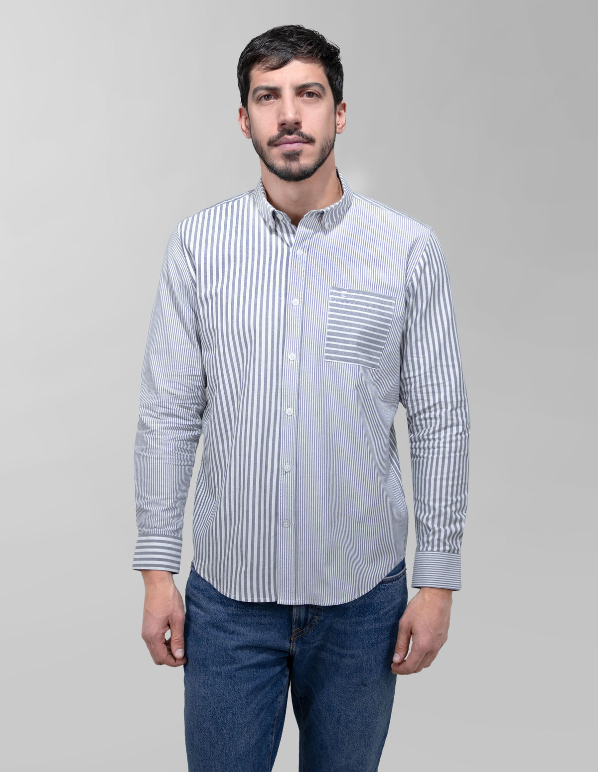 Camisa 100% Algodón Manga Larga Gris Estilo Rayas