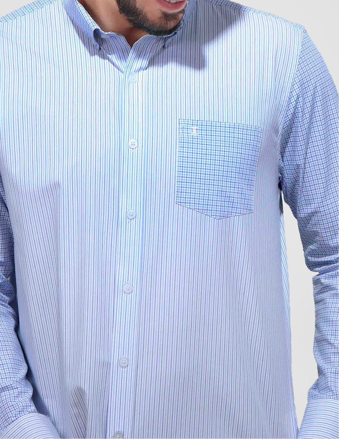 Camisa Manga Larga Azul de Algodón Estilo Rayas Azul