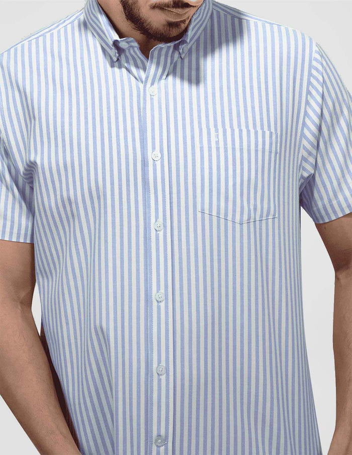 Camisa Casual de Rayas Azul Manga Corta de Algodón