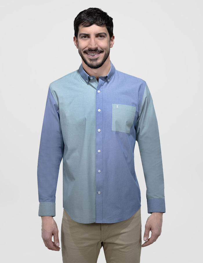 CAMISA MANGA LARGA AZUL Y VERDE LISA 100% ALGODÓN REF 2405025