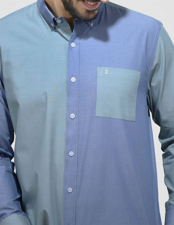 CAMISA MANGA LARGA AZUL Y VERDE LISA 100% ALGODÓN REF 2405025