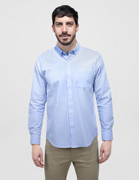 Camisa de Manga Larga Estilo Rayas Azul de Algodón