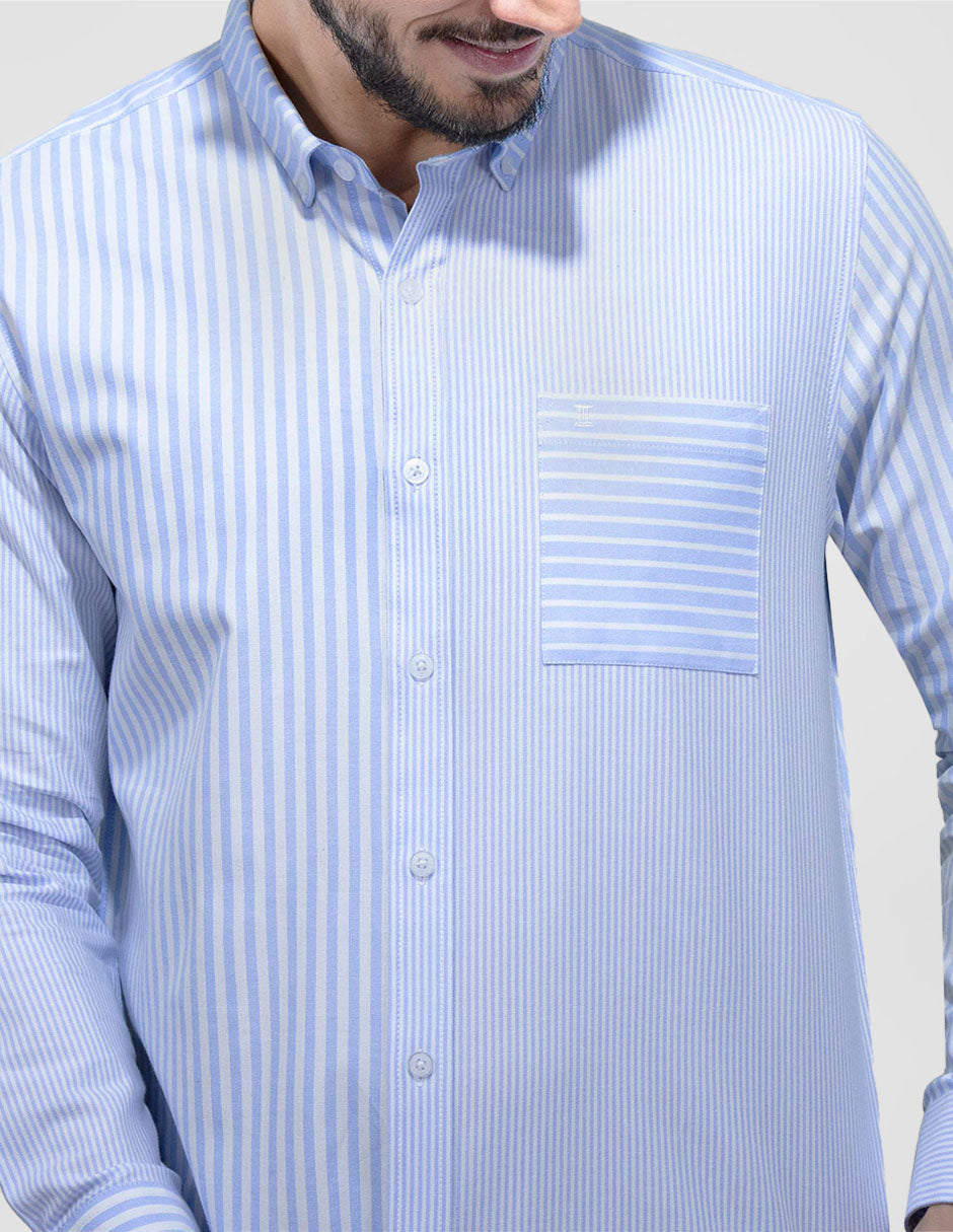 Camisa de Manga Larga Estilo Rayas Azul de Algodón