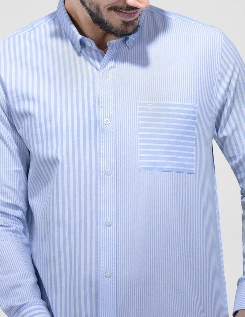 Camisa de Manga Larga Estilo Rayas Azul de Algodón