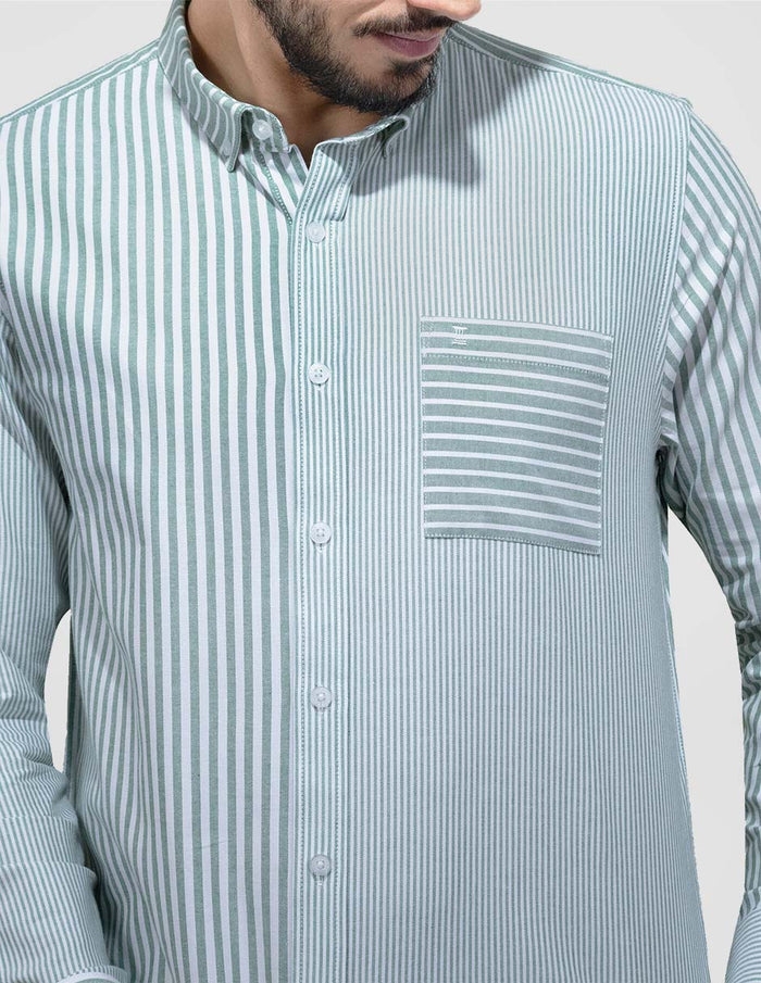 Camisa de Manga Larga Estilo Rayas Verde de Algodón